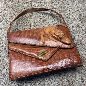 Vintage Genuine Alligator Taxidermy Handbag Brown Whipstitch Top Handle Bag